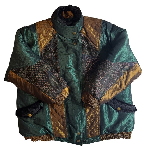 Vintage Current Seen Jacket Women's 20W Green Gold Quilted Bomber Padded - Picture 1 of 11